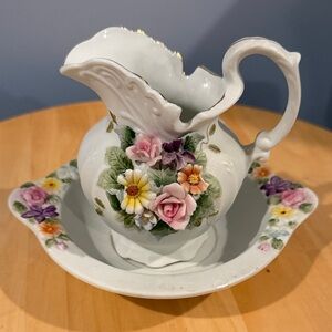 Vintage Lefton Floral Porcelain Pitcher and Basin Set